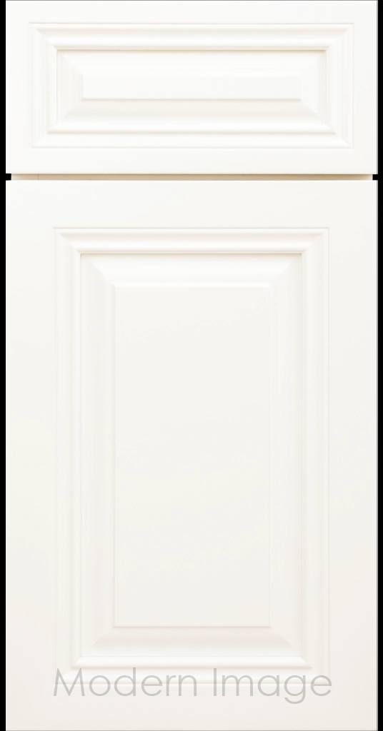 Frost white Cambridge cabinet door with a mitered frame and raised center panel.